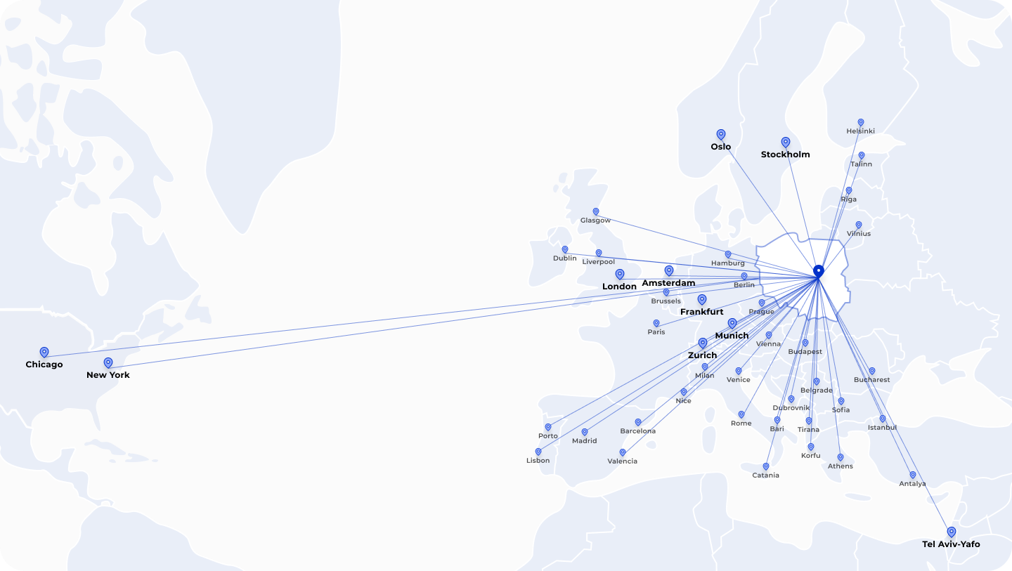 Many direct flights to Warsaw